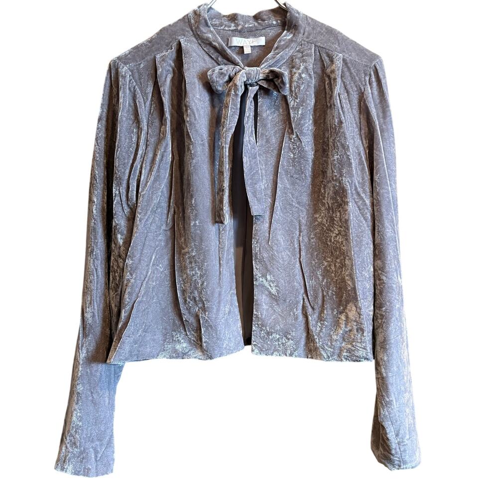 WAYF Nordstorm Women L Gray Velvet Jacket Neck Bow Tie Coat Open Front Grey